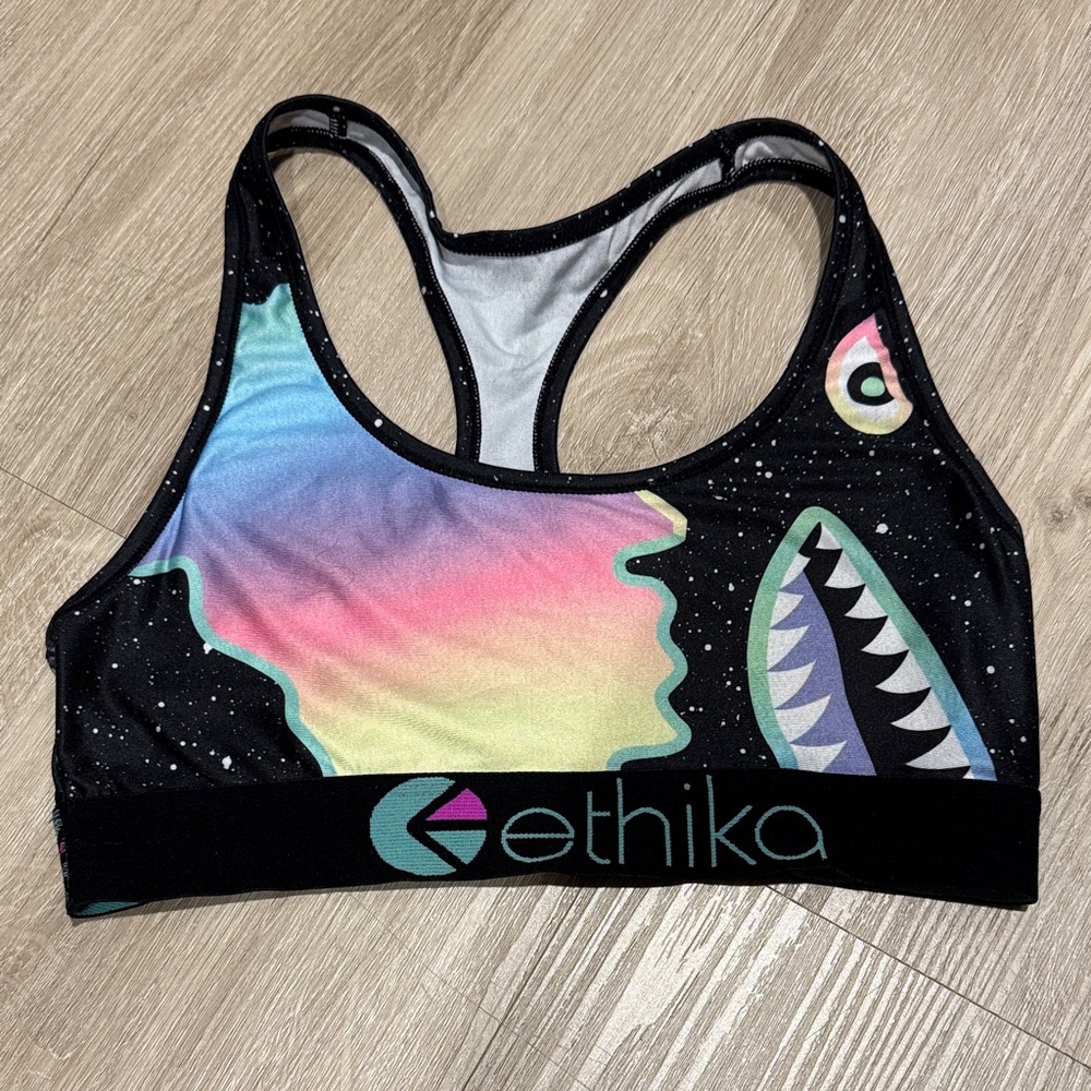 Ethika Galaxy Sports Bra with Pastel Rainbow Shark Print Women's S
